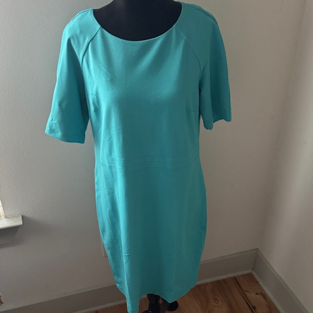 Talbots Petites aqua short sleeve stretch ponte knit minimalist dress Sz 12Pβ